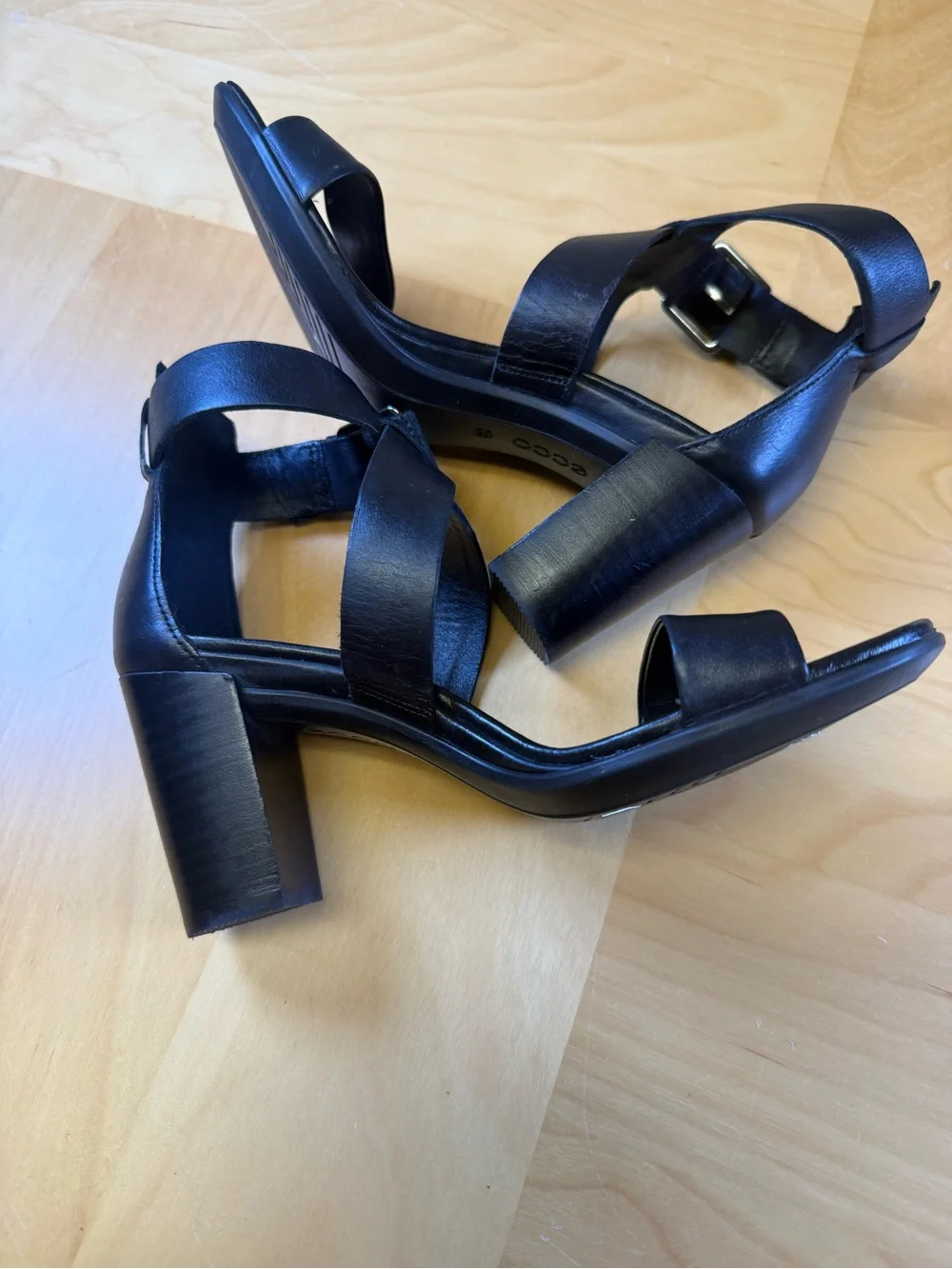 Ecco Black Leather Block Heel Sandals with Ankle Buckle